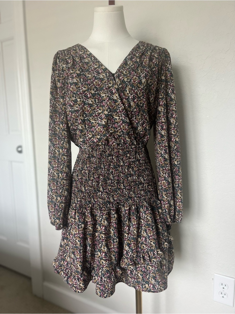 STORIA M Floral Mini Dress Smocked Waist Ruffle Long Sleeve Boho Prairie Cottage